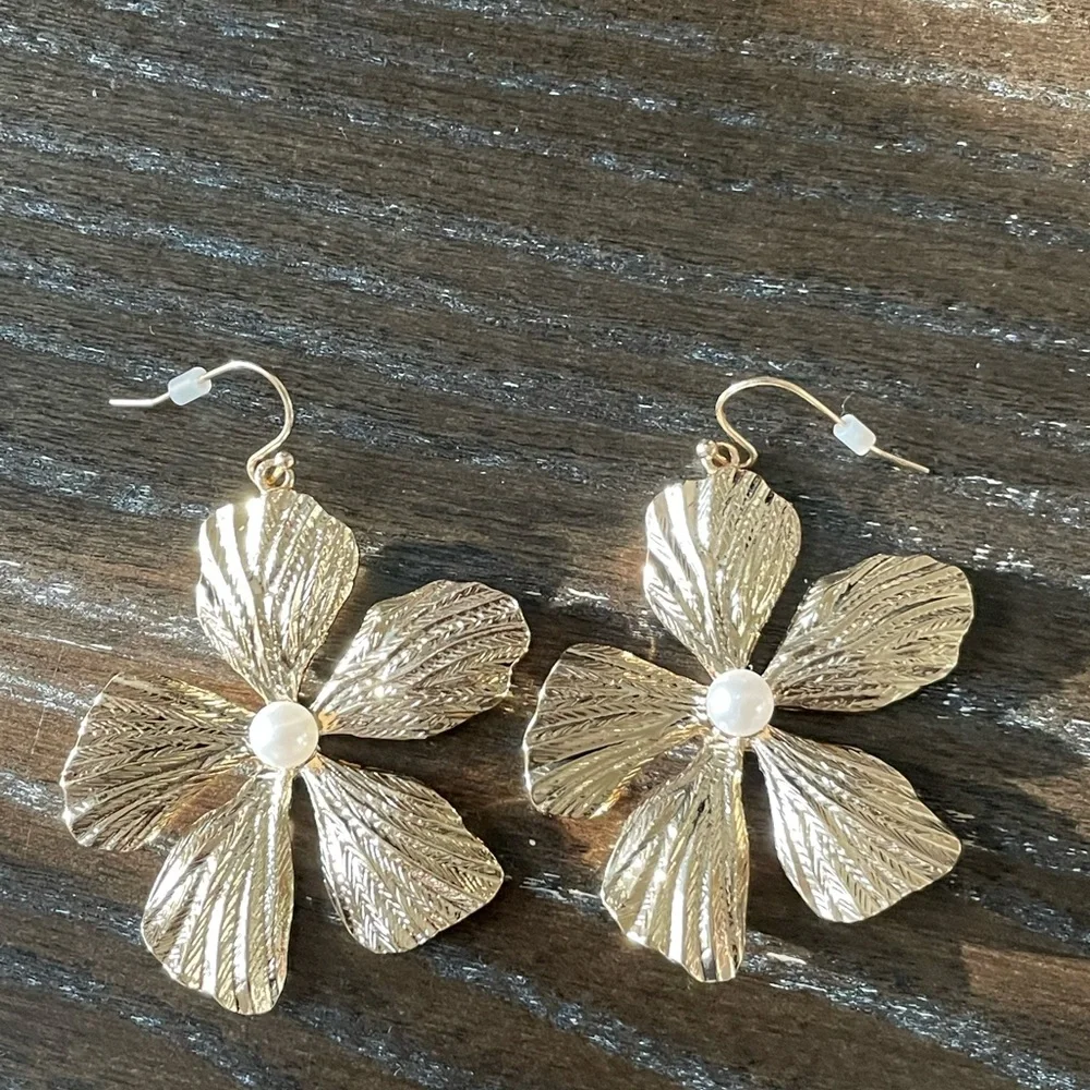 Goldtone Floral Faux Pearl Earrings | Classic Elegance Quiet Luxury - Picture 5 of 15